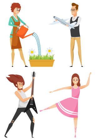 Gardener watering flowers, man holding plane, guitarist playing, ballerina dancing. People hobby, portrait view of female and male characters vectorのイラスト素材
