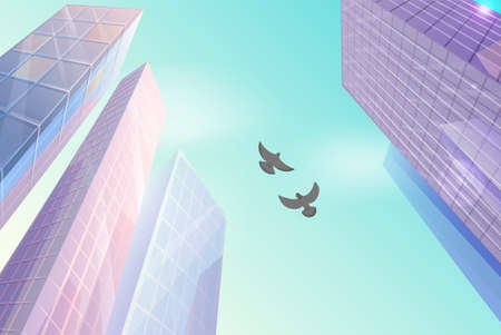 Skyscraper building in city space in flat style concept bottom view and birds doves in the sky. Modern urban landscape city life. Industrial constructions with apartments and office premisesのイラスト素材