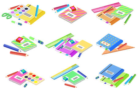 Back to school concept, supplies for lessons vector. Isometric cartoon of textbook and notebook, pencil and pen, paintbrush and ruler, palette of colors and scissors. Knowledge and educationのイラスト素材