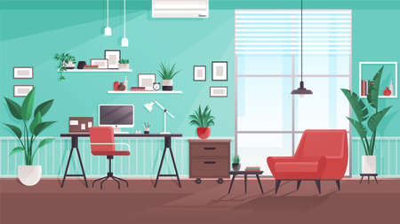Workplace modern design. Office studio, cabinet or home workspace interior with aquamarine wall. Office at home with big window, desktop, PC computer, documets, plants, furnitures. Flat styleのイラスト素材