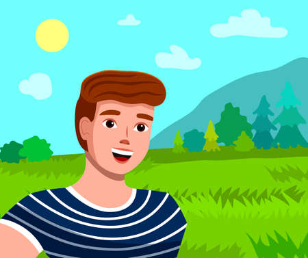Young cheerful guy make selfie during traveling. Traveler make photo at green hills and mountain silhouette. Happy smiling man looking at camera. Photo of memorable place. Trip or journey timeのイラスト素材