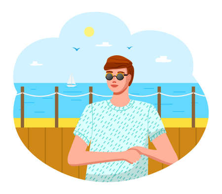 Man on the seafront. Boy on the beach. Sea background, seagulls, bright sun and sailboat. The cable fence. Travelling to a hot country. Hot climate, exotic vacation. Traveling and trip. Flat imageのイラスト素材