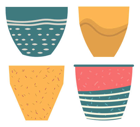 Set of striped vase isolated on white. Crockery decorative jar with waves ornament, color pot in flat style design, ceramic flowerpot. Handmade items from clay. Vase for flowers. Vector illustrationのイラスト素材