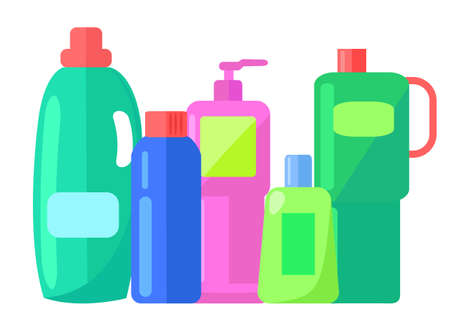 Plastic detergent bottles set. Household chemicals containers plastic bottle pack, cleaning housework liquid domestic fluid cleaner isolated on white background. Industrial chemicals different bottlesのイラスト素材