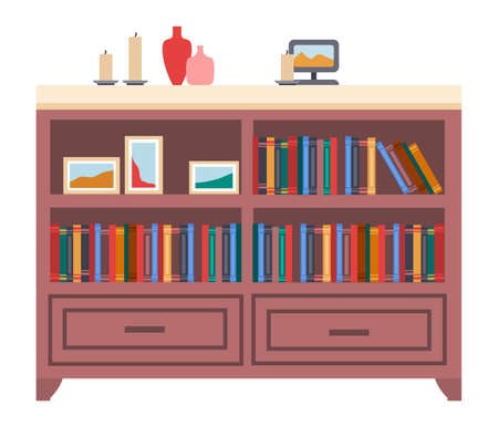 Bookcase with books and vases in room interior. Home library with literature illustration. Furniture and equipment for workplace. Cabinet with drawers and decorative elements, candles, photo framesのイラスト素材