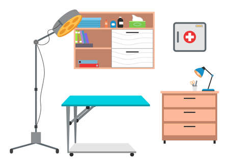 Interior equipment of medical office wooden wall shelf with books and medicines, table with stationery, surgical floor lamp and table. Set of furniture of examination or medical check up interior roomのイラスト素材