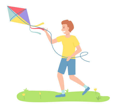 Smiling happy boy in the park playing with a colorful kite flying in the air in the wind. Child running on the playground holding thread in hand on white background. Kids summer outdoor activitiesのイラスト素材