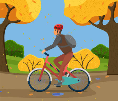 Man riding a bicycle in the yellow autumn park flat illustration. Male character riding bicycle on city road against the background of tall trees rural landscape. Hobbies and active lifestyleのイラスト素材