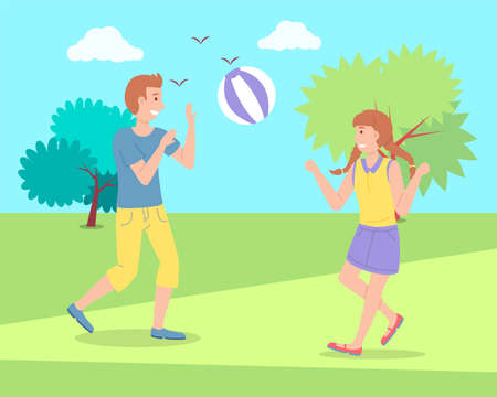 Illustration of the two children playing toy ball at the playground. The best summer child s outdoor activities. Active family weekend children s games. Kids volleyball on the grass, team ball gameのイラスト素材