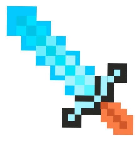 Sword game pixelated icon vector illustration design. Object of cold steel arms, ancient defense. Knight s steel sharp blade with golden handle minimalistic pixel graphic thing isolated on whiteのイラスト素材