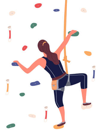Girl is climbing in climbing room, bouldering, a woman is hanging on rope, crawling along grabs. Indoor sport activity. Sports wall with grabs, doing bouldering. Flat vector illustration on whiteのイラスト素材