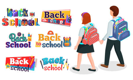 Set of colorful Back to school lettering. Flat imageon education theme. Two students go to preschool holding hands. Children with backpacks behind. Girl and boy holding hands. School suppliesのイラスト素材