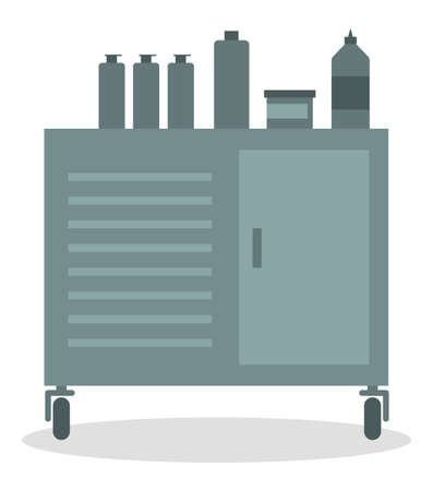 Metal chest of drawers on wheels with plastic bottles on the top. Commode furniture for the production hall isolated on white. Furnishing for factory premises, steel locker vector illustrationのイラスト素材