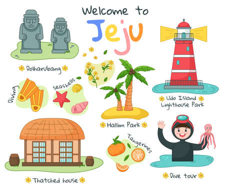 Banner with image of the main attraction of the south korean island Jeju and the inscription. Stone park and diving. Sculptures and red lighthouse. Scuba diving for tourists, nautical excursionのイラスト素材