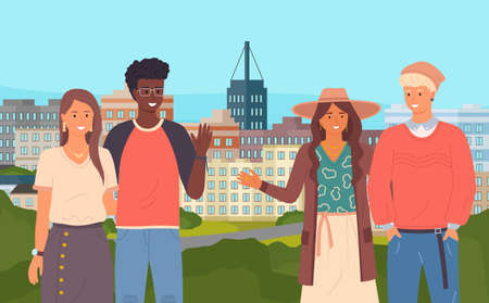 Multinational couples waving hands, gesture, greeting, saying hello. Caucasian girl and african guy embracing, latin woman hugging with blond-haired guy. People at urban city buildings backgroundのイラスト素材