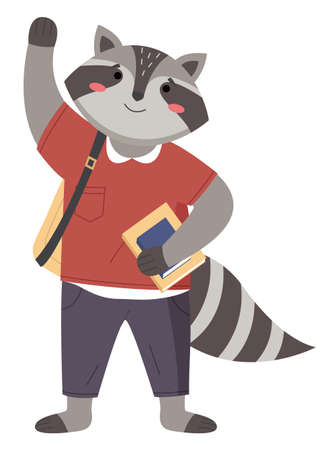 Funny cartoon animal student. Lovely cute raccoon schoolboy with notebook and schoolbag is waving with hand. Back to school concept. Active coon pupil completed all tasks and is ready to answerのイラスト素材