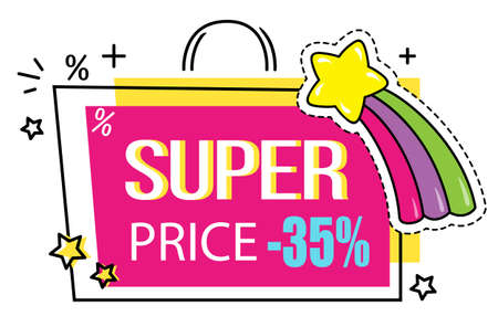 Super price. Colorful sticker like a bag with stars and rainbow. Hot sale. Discount offer. Cartoon style. 35 off. Buy with discount. Advertisement label, promo action. Price tag, good offerのイラスト素材