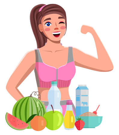 The girl blogger, close up, shows a biceps, smiling, pink tracksuit. Water, healthy food. Blog about sports and healthy lifestyle. Blogging, streaming, video broadcasting. Flat vector imageのイラスト素材