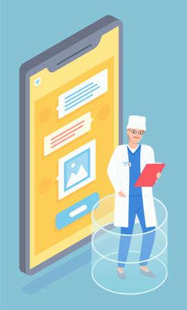 Mustachioed male doctor with clipboard, medical uniform, large cartoon screen smartphone with text messages. The therapist consults a patient online using a smartphone. Flat vector image on blueのイラスト素材