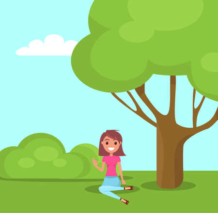 Young girl sitting at green grass in park near tree, smiling stylish girl relaxing at nature, summer time. Pretty female wearing t-shirt, jeans have recreation. Woman with bob hairstyle show ok signのイラスト素材