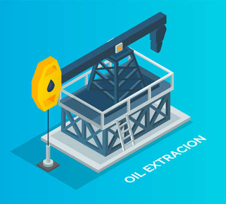 Oil industry, working pump jack. Isometric industrial equipment. Oil extraction. Industrial crude petroleum. Fuel industry. Derrick, pumping unit. Reciprocating piston pump in oil wellのイラスト素材