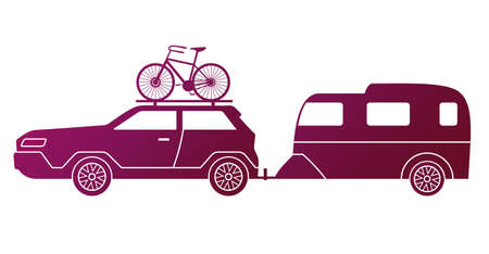 Traveling by car, caravaning tourism. Automobile with bike on the roof and travel trailer isolated on white background. Car tourism concept. Road trip around the world. Time to travel illustrationのイラスト素材