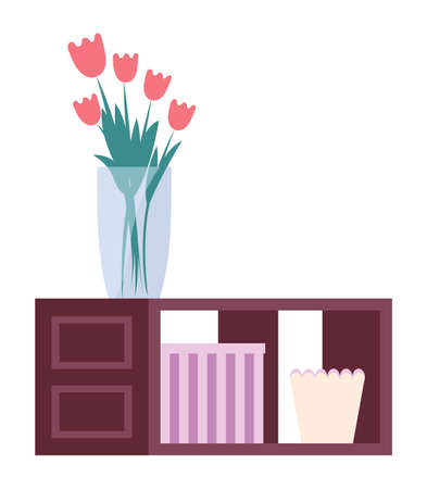 Bedside table with flower in vase and box . Wooden table, bedside table fashionable furniture interior concept flat style illustration. Storage furniture with door and open shelves interior elementのイラスト素材