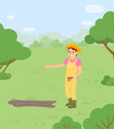 The farmer sowing the seeds for the future harvest. Woman agricultural worker wearing coveralls and rubber boots working on the field, pouring the seeds to the ground. Spring sowing concept vectorのイラスト素材