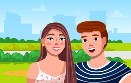 Couple walking outdoors in the city park portrait. Flat romantic vector smiling girl and boy in the open area on the background of the lake and city buildings summer day. Family romantic weekendのイラスト素材