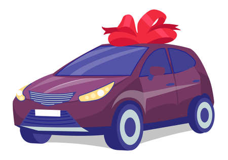 Cherry color car on white background. Business sedan with red gift bow-knot. Automobile front view flat style. Vehicle with tinted windows. Convenient mean of transportation, modern model of carのイラスト素材