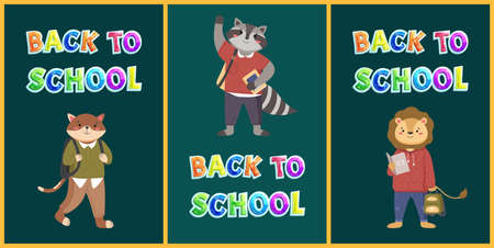 Back to school concept, colorful vector banner with bright lettering and animals students characters welcoming pupils on dark green school board. Kids bright illustration with education equipmentのイラスト素材