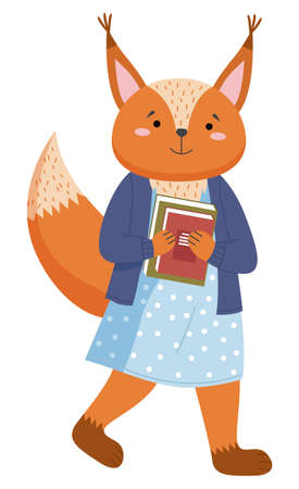 A squirrel schoolgirl with stack of books in hands is standing at full heigth. Smart active pupil enters the classroom isolated on white. Back to school, education theme, animal student characterのイラスト素材