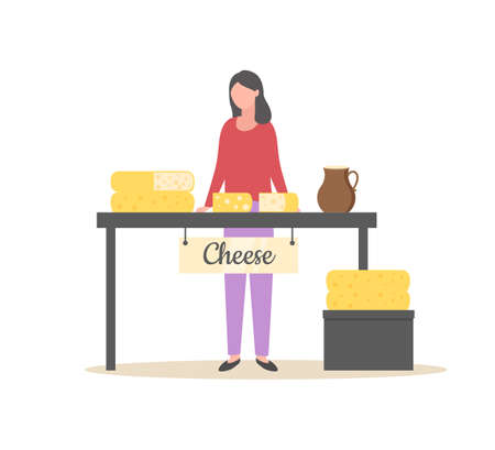 Diary products made of milk vector, woman at market selling organic hard cheese cut, isolated salesperson with food on table person at marketplaceのイラスト素材