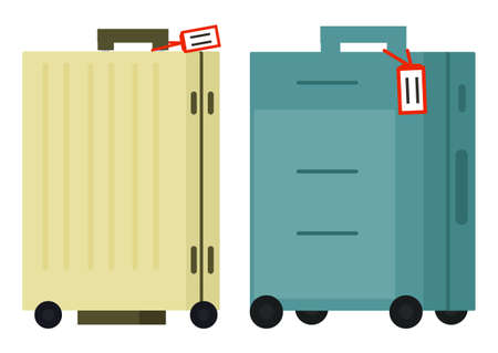 Suitcase on wheels, isolated object vector. Baggage or luggage, summer vacations abroad, journey or trip, leather bag with handle, pockets on zipper. Journey package, business travel bag. Flat cartoonのイラスト素材