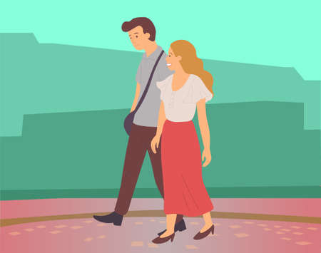 Young embarrassed shy guy and girl walking in summer garden, romantic walk. People man and woman met on a date outdoor. Couple walking in a park. Smiling friends in the open air, active lifestyleのイラスト素材