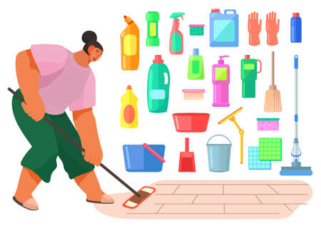 Cleaning at home. Cartoon woman washes floor using mop. Large set of plastic containers, bottles, washcloths, rubber gloves, brushes, brooms. Woman cleans the house, cleaning toolsのイラスト素材
