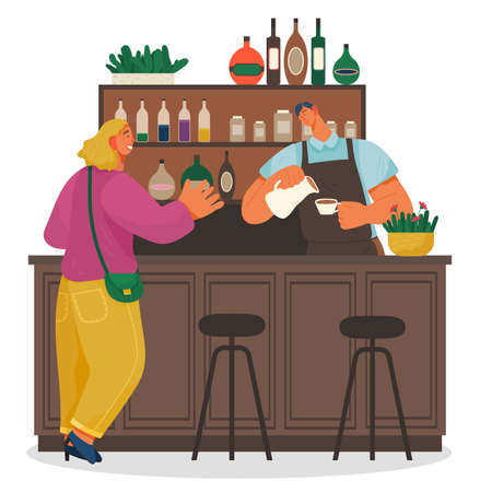 Order coffee in cafeteria, woman waiting her drink, barista guy preparing fresh morning coffee, break at work, bar with worker man in apron, stand with bottles of alcohol or syrups, bartender workingのイラスト素材