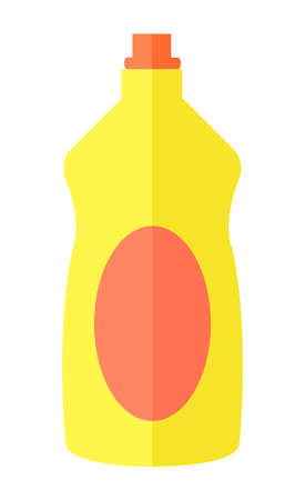 Cartoon curly yellow plastic bottle with a red dispenser. Dishwashing liquid with a red oval label. Clean at home, wash dishes, cleaning agent. Flat vector illustration isolated on white backgroundのイラスト素材