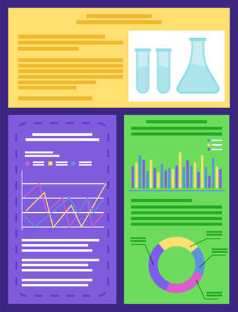 Chemical laboratory concept with instrumentation glassware, burners and fluids, infographic vector. Measurement experiments, reactions with acids and graphics. Chemistry lab beakers illustrationのイラスト素材