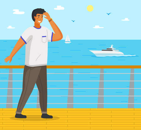 The guy stands on the pier, sea, ocean, boats, boats, sailboats Young man in white T-shirt and gray-green pants covers his eyes with hand from scorching summer sun. Hot exotic summer resortのイラスト素材