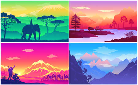 Traveling in exotic countries, africa, man riding at elephant, travel by car to river, happy tourisits near high mountains, climbing at rock, hiking, colorful illustrations, love traveling, explorersのイラスト素材