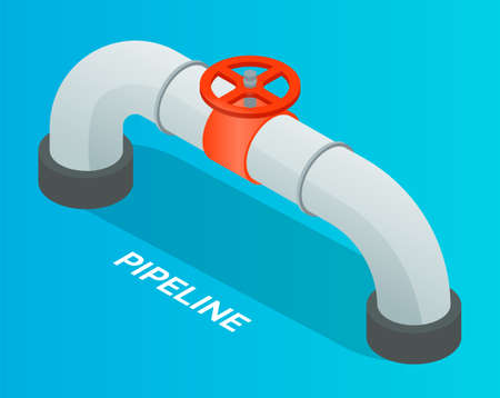 Oil petroleum industry. Pipeline, isometric industrial symbol. Oil, gas or water flowing through pipe. Pipeline construction with valve isolated. Industrial system. Valve for open or close flowのイラスト素材