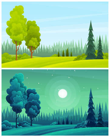 Day and night landscape with hills, forest, fir-trees, view at scenery with clear sky, full moon, summer fields with bushes and plants, nobody, ecological, non-urban, scene of countryside, wildのイラスト素材
