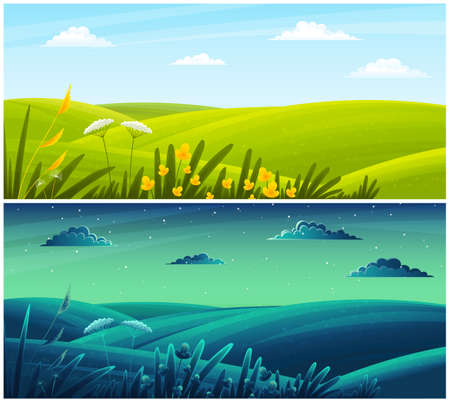 Meadow, field, grass, forest or field plants, stems. Clear sky. Image of natural landscape day and night. Illustrations separated by white stripe. Countryside, summertime. Flat cartoon illustrationのイラスト素材