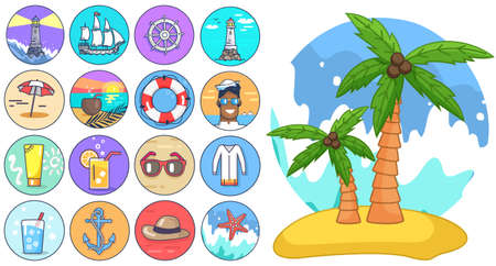Palm tree isolated at white, cartoon style, exotic tree with coconuts at sand beach at Jeju, lighthouse, ship, helm, umbrella, exotic cocktail, lifebuoy, lemonade, sunglasses, sailor, starfishのイラスト素材