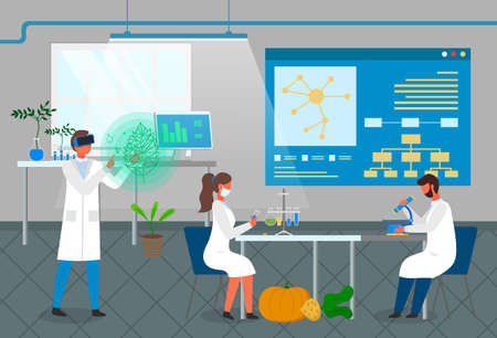 Laboratory workers exploring new methods of plant breeding and agricultural genetic of vegetables. Growing eco plants from tubes. Scientist using microscope. Virtual reality, modern technologiesのイラスト素材