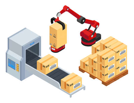 Isometric 3d picture. Robotic machine put boxes from conveyor belt at wooden pallet. Automatic robot packaging product into card boxes. Industrial engineering machine at factory, isolated at whiteのイラスト素材