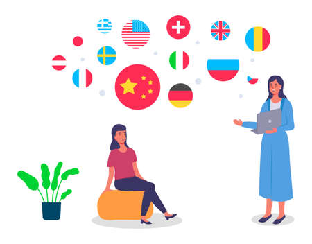 Travel agent woman standing with laptop in office and tells the girl client about countries. International business or training. The girl is sitting on a puff, fragments of flags of different statesのイラスト素材