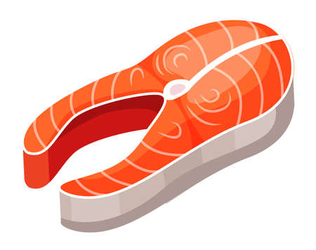Fish steak vector. Salmon steak isolated on white background. Slice of fresh fish fillet sushi ingredient. Large fish meat delicacy. Seafood for a healthy diet. A piece of meat of red salmon fishのイラスト素材