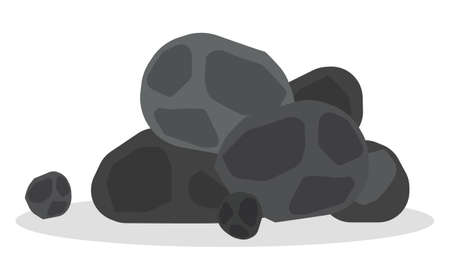 Pile of coal vector image isolated on white background. A bunch of black stones of various sizes. Heap of dark coal mineral rocks flat illustration with shadow. Industry fossil underground materialのイラスト素材